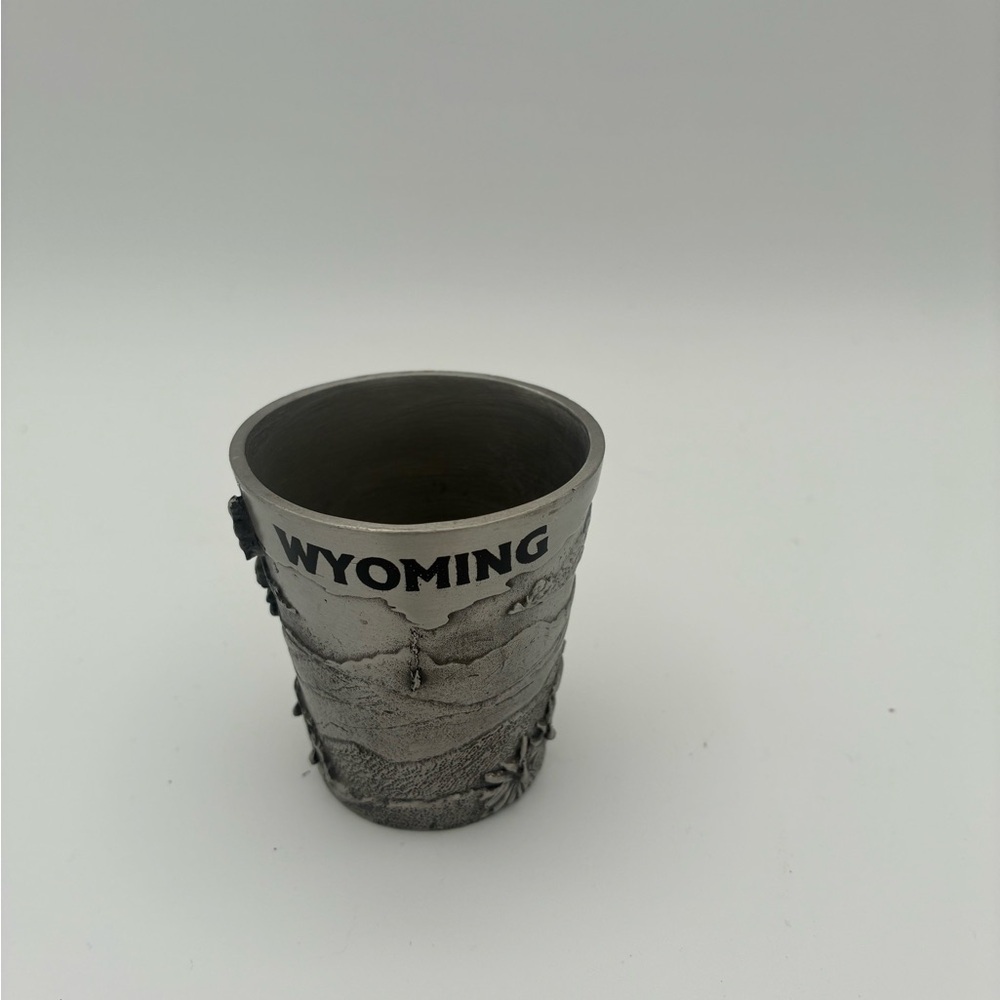 Vintage 3D Wyoming Pewter Shot Glass. Superb USA. Wildlife Relief Souvenir.